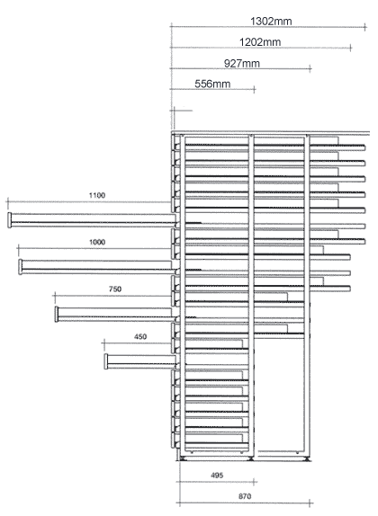 A Shoptec Huwil fiókok mélységét oldalnézetben bemutató ábra